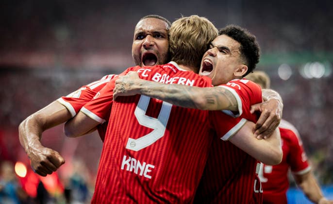 Berlin, Germany 23rd May 2026 Goal celebration Jonathan Tah FCB Harry Kane FCB Luis Diaz FCB Bayern Munich VfB Stuttgart 23 05 2026