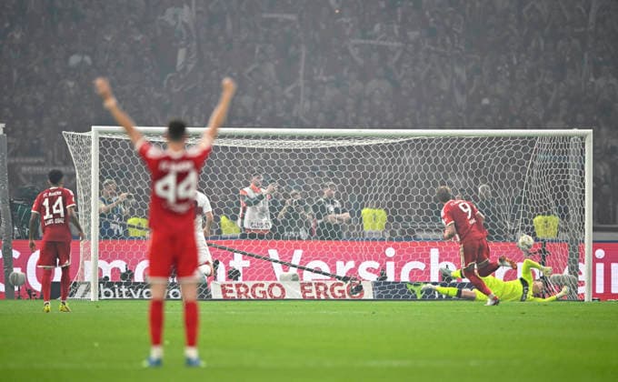 GOAL for 3 0 Harry Kane FC Bayern Muenchen FCB 09 Penalty kick, Penalty kick Goal kick Action Goal chance against goalkeeper Alexander Nuebel VfB Stuttgart 33 Josip Stanisic FC Bayern Muenchen FCB 44 Goal celebration 83 DFB Pokalfinale FC Bayern Muenchen FCB vs VFB Stuttgart Olympiastadion Berlin 23 05 2026 DFL REGULATIONS PROHIBIT ANY USE OF PHOTOGRAPHS AS IMAGE SEQUENCES AND OR QUASI VIDEO 83 DFB Pokalfinale FC Bayern Muenchen FCB vs VFB Stuttgart
