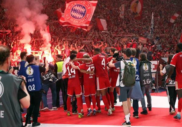 Football, Men, DFB Cup Final, Season 2025 2026, FC Bayern Munich VFB Stuttgart, Olympiastadion Berlin 3 0 by Harry Kane FC Bayern Munich goal, goal celebration by the fans DFB, DFL regulations prohibit any use of photographs as image sequences and or quasi video