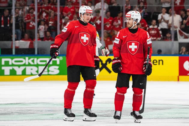 ZURICH, ZURICH - MAY 23: Nicolas Baechler and Christoph Bertschy of Switzerland during the 2026 IIHF World Championship, WM, Weltmeisterschaft Preliminary Round Group A match between Switzerland and Hungary at Swiss Life Arena on May 23, 2026 in Zurich, Zurich, Switzerland. Copyright: xLivioxBaeriswylx xSPPx Sportspressphoto_152915