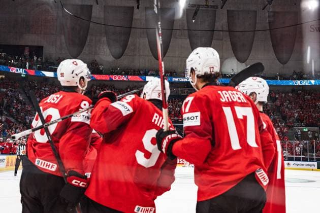 ZURICH, ZURICH - MAY 23: Roman Josi, Damien Riat and Ken Jäger of Switzerland celebrate a goal during the 2026 IIHF World Championship, WM, Weltmeisterschaft Preliminary Round Group A match between Switzerland and Hungary at Swiss Life Arena on May 23, 2026 in Zurich, Zurich, Switzerland. Copyright: xLivioxBaeriswylx xSPPx Sportspressphoto_152963