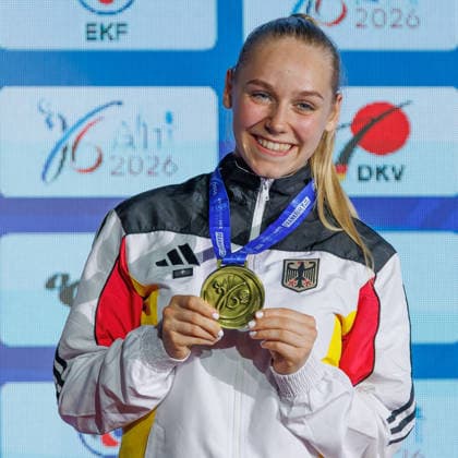 Award ceremony Womens Kumite 55 Mia Bitsch GER third place, bronze medal, 23 05 2026, Frankfurt am Main Germany , 61 European Karate Championships 2026 Frankfurt Main xprx
