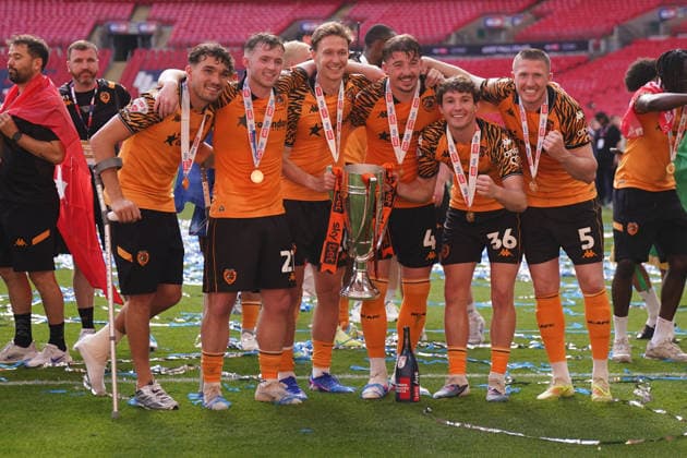 Sky Bet Championship Playoffs Final Hull City v Middlesbrough Hull city players celebrate play off final win during the Sky Bet Championship Playoffs Final match Hull City vs Middlesbrough at Wembley Stadium, London, United Kingdom on 23 May 2026 (Photo by Harvey Murphy News Images) Copyright: xHarveyxMurphy NewsxImagesx