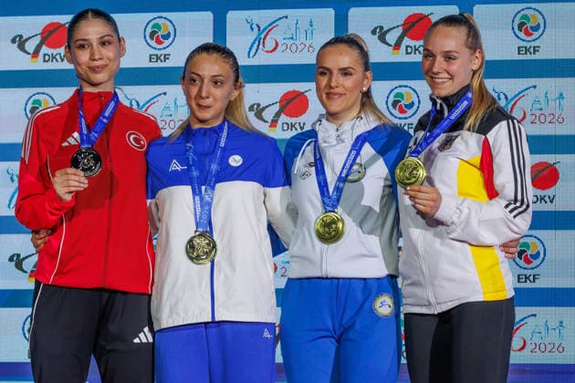 Award ceremony women kumite 55 from left Zumra Rezzan Im TUR , Madina Sadigova AZE , Nejra Sipovic BIH , Mia Bitsch GER , 23 05 2026, Frankfurt am Main Germany , 61 European Karate Championships 2026 Frankfurt Main xprx