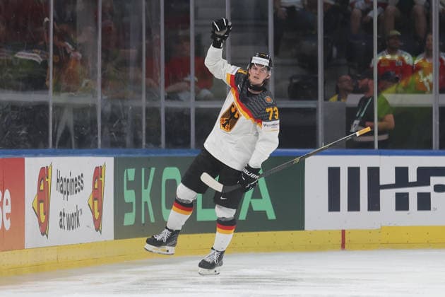 23 05 2026 Swiss Life Arena Zurich , SWITZERLAND, Mens Ice Hockey IIHF World Championship Zurich 2026 Group A AUT GER Lukas Reichel GER celebrates after scoring 2 5