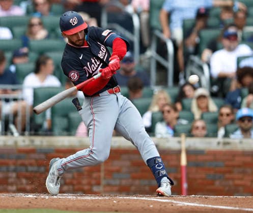 Centerfielder Dylan Crews 3 of the Washington Nationals hits a home run in the fourth inning during the game against the Atlanta Braves at Truist Park on Saturday, May 23, 2026 in Atlanta, Georgia.  ATL20260523111 MikexZarrilli