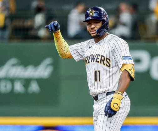 Milwaukee Brewers center fielder Jackson Chourio reacts after hitting a double in the second inning of the MLB, Baseball Herren, USA game between the Los Angeles Dodgers and the Milwaukee Brewers at American Family Field in Milwaukee, Wisconsin on Saturday, May 23, 2026.  MIL20260523816 TANNENxMAURY