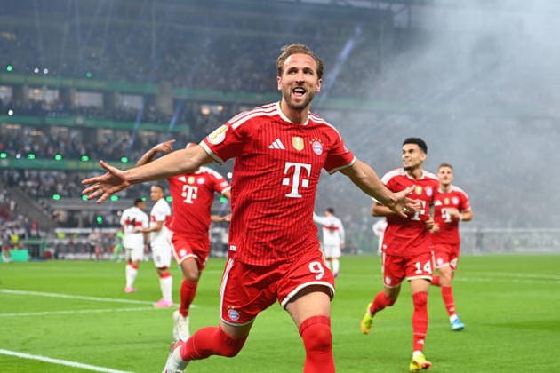 Goal celebration Harry KANE Bayern Muenchen , after goal to 1 0, jubilation,joy,enthusiasm,action football 83 DFB Pokal Final 2026 FC Bayern Muenchen VfB Stuttgart 3 0 on 23 05 2026, Olympiastadion in Berlin DFL DFB regulations prohibit any use of photographs as image sequences and or quasi video