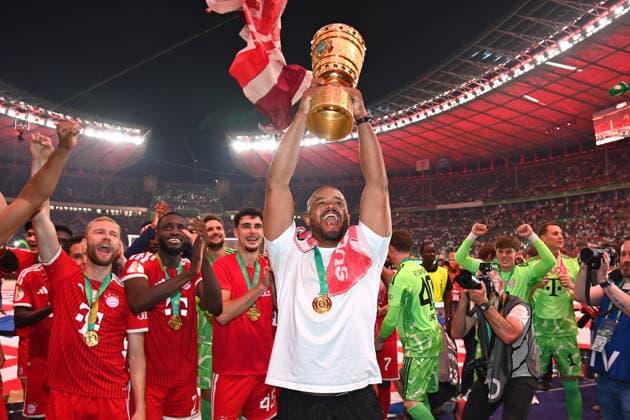 Coach Vincent KOMPANY Bayern Muenchen with Cup,Cup,Trophy, Cheering,Joy,Enthusiasm, Award Ceremony Football 83 DFB Pokal Final 2026 FC Bayern Muenchen VfB Stuttgart 3 0 am 23 05 2026, Olympiastadion in Berlin DFL DFB regulations prohibit any use of photographs as image sequences and or quasi video