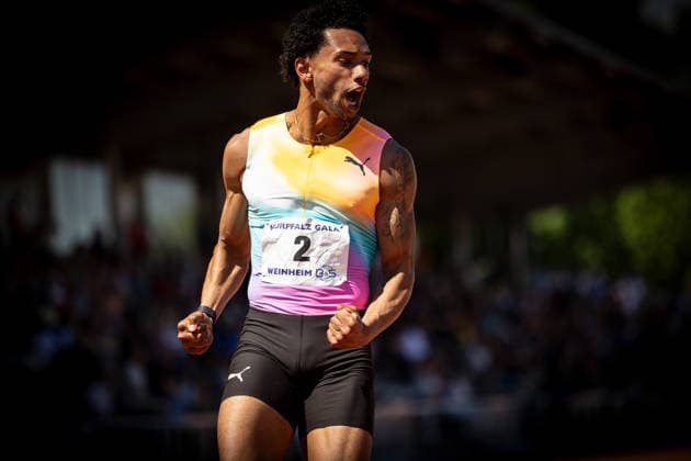 B S Kurpfalz Gala Weinheim, 23 05 2026 Joshua Hartmann GER ASV Köln e V cheers at the finish after his 100m race at the mens B S Kurpfalz Gala on 23 05 2026 at the Sepp Herberger Stadium in Weinheim Baden Württemberg Copyright: xBEAUTIFULxSPORTS R.xSchmittx