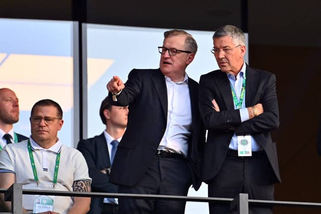 from left Max EBERL Chief Sports Officer FC Bayern Muenchen ,Jan Christian DREESEN Chairman FCB ,Herbert HAINER President Bayern Muenchen , Soccer 83 DFB Pokal Final 2026 FC Bayern Muenchen VfB Stuttgart 3 0 am 23 05 2026, Olympiastadion in Berlin DFL DFB regulations prohibit any use of photographs as image sequences and or quasi video