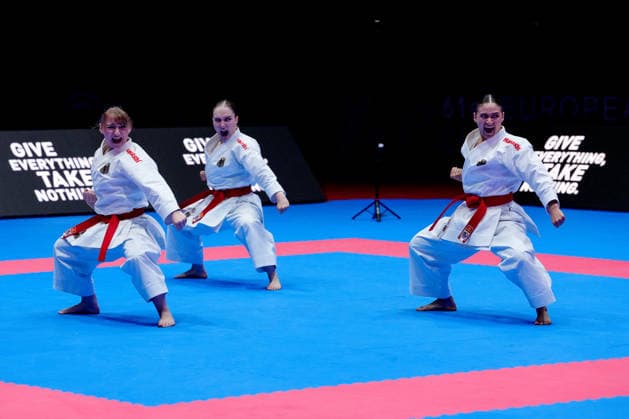Germany EKF Karate European Championship Seniors 2026 Eissporthalle, Frankfurt The Female Kata Team Germany Hebbel, Jay, Siebert fighting for the bronze medal against Team France Bui, Capet, Severan, Vilanova Frankfurt am Main Eissporthalle Frankfurt Hessen Germany Copyright: xKjetilxWaberx