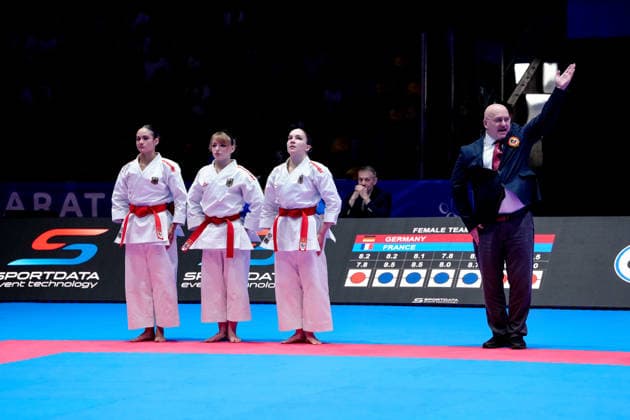 Germany EKF Karate European Championship Seniors 2026 Eissporthalle, Frankfurt The Female Kata Team Germany Hebbel, Jay, Siebert are disappointed after losing the bronze medal match against Team France Bui, Capet, Severan, Vilanova Frankfurt am Main Eissporthalle Frankfurt Hessen Germany Copyright: xKjetilxWaberx