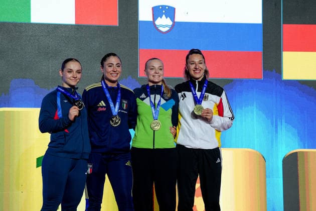 Germany EKF Karate European Championship Seniors 2026 Eissporthalle, Frankfurt Johanna Kneer GER with the bronze medal together with Zibret Zala Maria SLO , silver medal goes to Pea Clemence FRA and the gold medal to Ferracuti Clio ITA Frankfurt am Main Eissporthalle Frankfurt Hessen Germany Copyright: xKjetilxWaberx