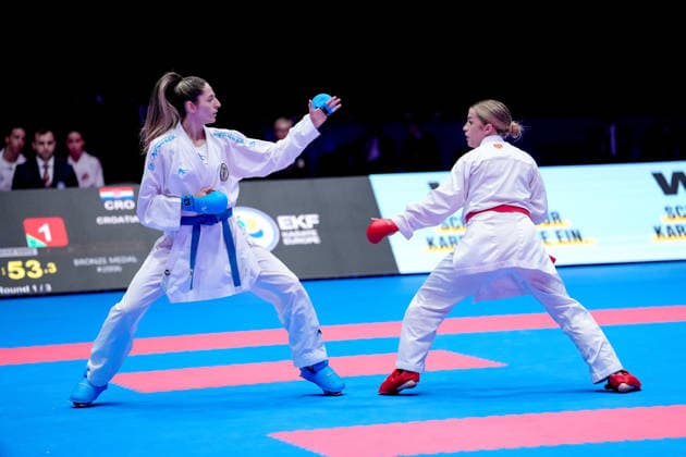 Germany EKF Karate European Championship Seniors 2026 Eissporthalle, Frankfurt The Female Kumite Team Austria Cetin, Devigili, Schuetze, Topalovic fighting for the bronze medal against Team Kroazien Becirovic, Golombos, Sgardelli, Tomic, Zorko Frankfurt am Main Eissporthalle Frankfurt Hessen Germany Copyright: xKjetilxWaberx