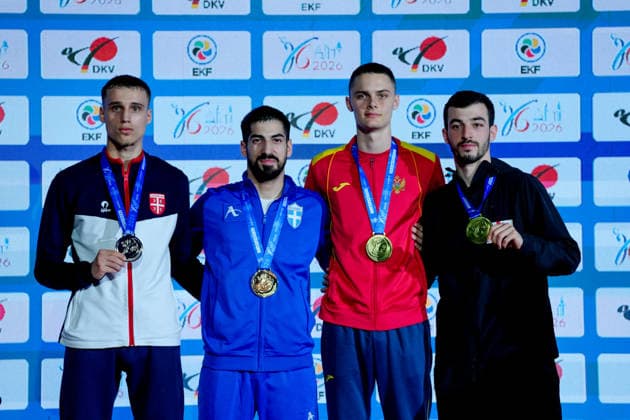 Germany EKF Karate European Championship Seniors 2026 Eissporthalle, Frankfurt Category Kumite Male 60kg Gold medal goes to Xenos Christos Stefanos GRE the silver medal to Vuckovic Aleksandar SRB and the bronze medals to Vojinovic Balsa MNE and Sordia Tsotne GEO Frankfurt am Main Eissporthalle Frankfurt Hessen Germany Copyright: xKjetilxWaberx