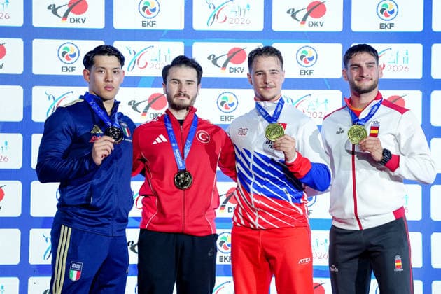 Germany EKF Karate European Championship Seniors 2026 Eissporthalle, Frankfurt Category Kata Male Gold medal goes to Ozdemir Enes TUR the silver medal to Ghinami Alessio ITA and the bronze medals to Hrcka Roman SVK and Martin Romero Raul ESP Frankfurt am Main Eissporthalle Frankfurt Hessen Germany Copyright: xKjetilxWaberx