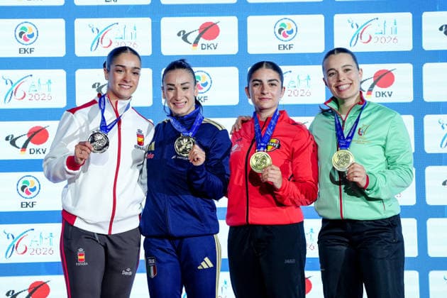 Germany EKF Karate European Championship Seniors 2026 Eissporthalle, Frankfurt Category Kata Female Gold medal goes to D Onofrio Terryana ITA the silver medal to Garcia Lozano Paola ESP and the bronze medals to Manca Chiara BEL and Cruz Ana POR Frankfurt am Main Eissporthalle Frankfurt Hessen Germany Copyright: xKjetilxWaberx