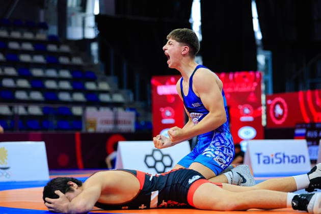 U15 Wrestling European Championships 62kg FS Charalampos Topalov GRE df Ioane Gavashelishvili GEO Copyright: xKostadinxAndonov xUnitedxWorldxWrestlingx Kostadin Andonov United World Wrestling