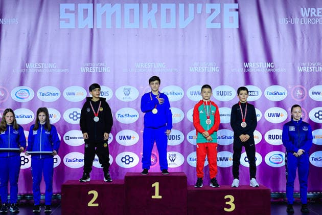 U15 Wrestling European Championships Podium 38kg FS Gold Yusuf Abdullayev AZE , Silver Rezi Iobidze GEO , Bronze David Plamenov Petrov BUL , Mohammad Biysultanov BEL Copyright: xKostadinxAndonov xUnitedxWorldxWrestlingx Kostadin Andonov United World Wrestling