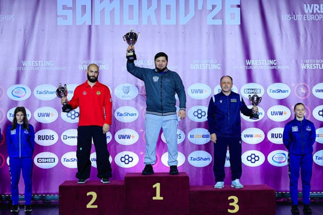 U15 Wrestling European Championships Podium Team FS Gold Russia, Silver Georgia, Bronze Azerbaijan Copyright: xKostadinxAndonov xUnitedxWorldxWrestlingx Kostadin Andonov United World Wrestling