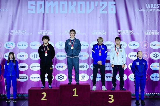 U15 Wrestling European Championships Podium 57kg FS Gold Adam Miziev RUS , Silver Giorgi Grigalashvili GEO , Bronze Yurii Symak UKR , Atom Yesayan ARM Copyright: xKostadinxAndonov xUnitedxWorldxWrestlingx Kostadin Andonov United World Wrestling