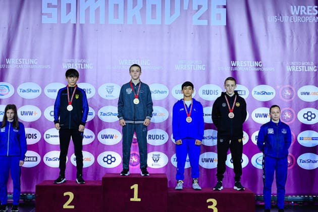 U15 Wrestling European Championships Podium 44kg FS Gold Shamil Damurov RUS , Silver Arsen Pyzhuk UKR , Bronze Mahammad Karimov AZE , Luka Dotiashvili GEO Copyright: xKostadinxAndonov xUnitedxWorldxWrestlingx Kostadin Andonov United World Wrestling