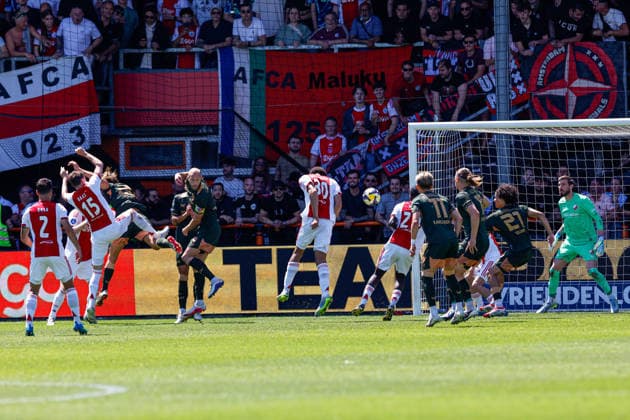 2026-05-24 AFC Ajax v FC Utrecht - Dutch Eredivisie Play-Offs VOLENDAM, NETHERLANDS - MAY 24: Aaron Bouwman of AFC Ajax shoots at goal during the Dutch Eredivisie Play-Offs match between AFC Ajax and FC Utrecht at Kras Stadion on May 24, 2026 in Volendam, Netherlands. Volendam Kras Stadion Netherlands Content not available for redistribution in The Netherlands directly or indirectly through any third parties. Copyright: xBenxGalx