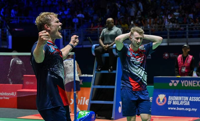 (260524) -- KUALA LUMPUR, May 24, 2026 -- Daniel Lundgaard Mads Vestergaard (L) of Denmark celebrate after winning the men s doubles final between Daniel Lundgaard Mads Vestergaard of Denmark and Goh Sze Fei Nur Izzuddin Rumsani of Malaysia at 2026 Malaysia Masters badminton tournament in Kuala Lumpur, Malaysia, May 24, 2026. (Photo by Xinhua) (SP)MALAYSIA-KUALA LUMPUR-BADMINTON-MALAYSIA MASTERS-MEN S DOUBLES ChongxVoonxChung 