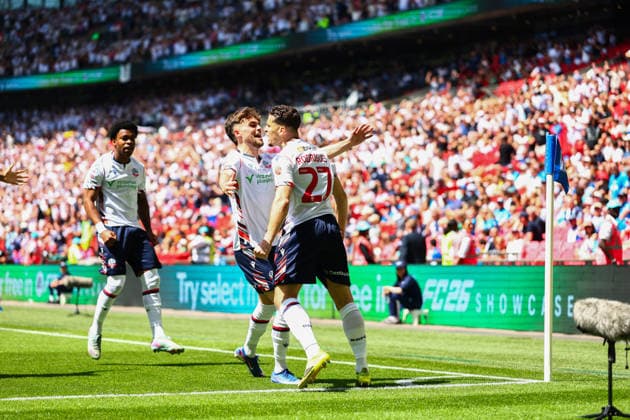 Ruben Rodrigues of Bolton Wanderers celebrates the opening goal 0-1 Bolton Wanderers v Stockport County, EFL Sky Bet League One, Play-Off Final, Football, Wembley Stadium, London, UK - 24 May 2026London Wembley Stadium United Kingdom EDITORIAL USE ONLY No use with unauthorised audio, video, data, fixture lists, club league logos or live services. Online in-match use limited to 120 images, no video emulation. No use in betting, games or single club league player publications.  Copyright: xJamesxMarsh Shutterstockx 16889809an