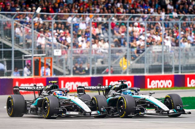 FORMULA ONE CANADIAN GRAND PRIX 2026 George Russell 63 (GBR) Mercedes and Kimi Antonelli 12 (ITA) Mercedes battle in the Sprint Race during the Formula 1 Lenovo Canadian Grand Prix 2026, 5th round of the 2026 Formula One World Championship, WM, Weltmeisterschaft from May 22 to 24, 2026 at the Circuit Gilles Villeneuve, Montreal, Canada Credit: Robbie Hoad Every Second Media Editorial use only. All images are copyright Every Second Media Limited. No images may be reproduced without prior permission. Copyright: xIMAGO EveryxSecondxMediax ESM-2005-0411 RobbiexHoadx xEveryxSecondxMediax