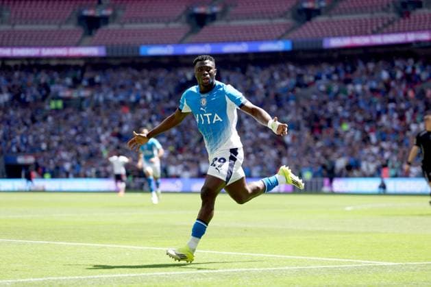 Adama Sidibeh of Stockport County celebrates a goal that was later ruled a foul following a VAR Review Bolton Wanderers v Stockport County, EFL Sky Bet League One, Play-Off Final, Football, Wembley Stadium, London, UK - 24 May 2026London Wembley Stadium United Kingdom EDITORIAL USE ONLY No use with unauthorised audio, video, data, fixture lists, club league logos or live services. Online in-match use limited to 120 images, no video emulation. No use in betting, games or single club league player publications.  Copyright: xKieranxMcManus Shutterstockx 16889802ch