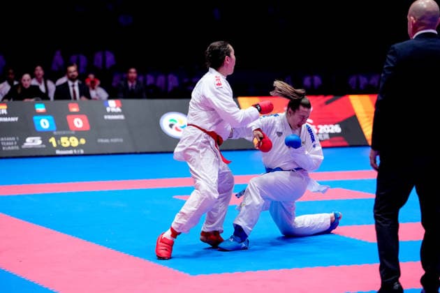 Germany EKF Karate European Championship Seniors 2026 Eissporthalle, Frankfurt The Female Kumite Team Germany Bitsch, Hubrich, Kneer, Riedel, Schroeter fighting for the gold medal against Team France Arzumian, Ozserttas, Payrot, Pea, Sombe Frankfurt am Main Eissporthalle Frankfurt Hessen Germany Copyright: xKjetilxWaberx