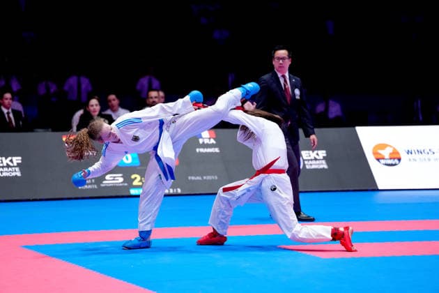 Germany EKF Karate European Championship Seniors 2026 Eissporthalle, Frankfurt The Female Kumite Team Germany Bitsch, Hubrich, Kneer, Riedel, Schroeter fighting for the gold medal against Team France Arzumian, Ozserttas, Payrot, Pea, Sombe Frankfurt am Main Eissporthalle Frankfurt Hessen Germany Copyright: xKjetilxWaberx