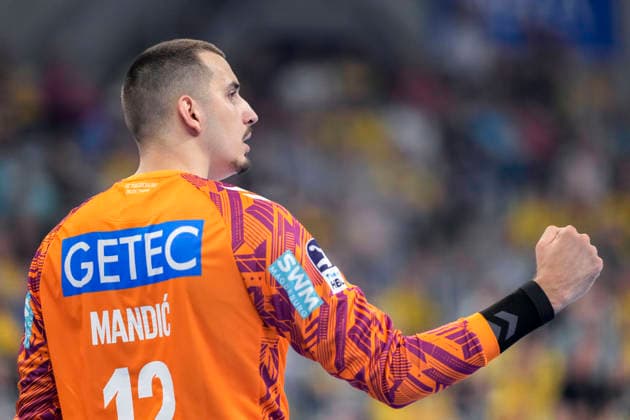 Matej Mandic goalkeeper, SCM, 12 clenches fist, single image, single photo, action, action, cheer, cheers, celebration, joy, rejoice, rejoicing, confident, optimistic, positive, game scene, 24 05 2026, Mannheim Germany , Handball, Bundesliga, Rhein Neckar Löwen SC Magdeburg xozx