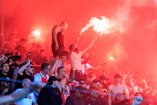 2026-05-24 AFC Ajax v FC Utrecht - Dutch Eredivisie Play-Offs VOLENDAM, NETHERLANDS - MAY 24: Ajax fans during the Dutch Eredivisie Play-Offs match between AFC Ajax and FC Utrecht at Kras Stadion on May 24, 2026 in Volendam, Netherlands. Volendam Kras Stadion Netherlands Content not available for redistribution in The Netherlands directly or indirectly through any third parties. Copyright: xMarcelxvanxPlateringenx