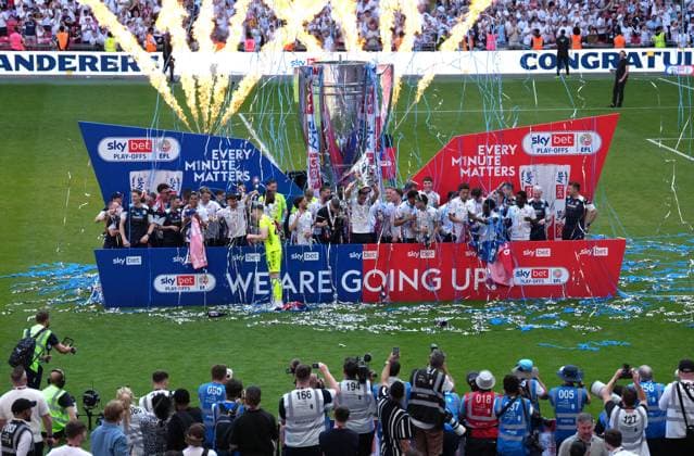 League One Play off final Winning club celebrations on winners boards, Bolton Wanderers Bolton Wanderers v Stockport County, EFL Sky Bet League One, Play-Off Final, Football, Wembley Stadium, London, UK - 24 May 2026London Wembley Stadium United Kingdom EDITORIAL USE ONLY No use with unauthorised audio, video, data, fixture lists, club league logos or live services. Online in-match use limited to 120 images, no video emulation. No use in betting, games or single club league player publications.  Copyright: xJoexToth Shutterstockx 16889806gw