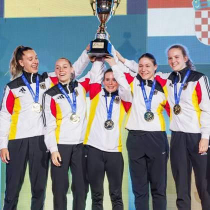 Award ceremony Women Team Kumite Team Germany Winner, first place, gold medal cheers, 24 05 2026, Frankfurt am Main Germany , 61 Karate European Championships 2026 Frankfurt Main xprx