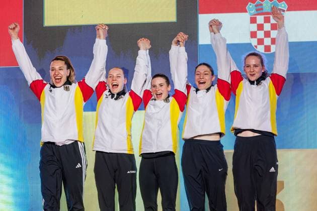 Award ceremony Women Team Kumite Team Germany Winner, first place, gold medal cheers, 24 05 2026, Frankfurt am Main Germany , 61 Karate European Championships 2026 Frankfurt Main xprx