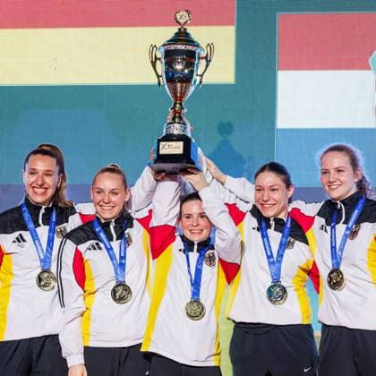 Award ceremony Women Team Kumite Team Germany Winner, first place, gold medal cheers, 24 05 2026, Frankfurt am Main Germany , 61 Karate European Championships 2026 Frankfurt Main xprx