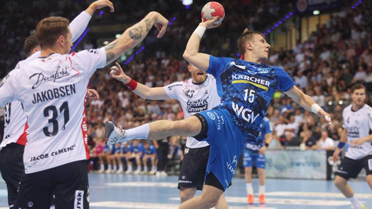 Stuttgart , Handball Daikin Bundesliga TVB Stuttgart vs SG Flensburg Handewitt , Simone Mengon TVB