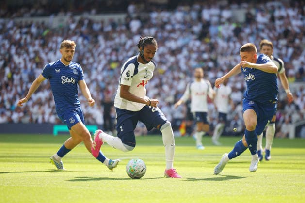 Djed Spence of Tottenham Hotspur is challenged by Vitaliy Mykolenko of Everton and Kiernan Dewsbury-Hall of Everton Tottenham Hotspur v Everton, Premier League, Football, Tottenham Hotspur Stadium, London, UK - 24 May 2026London Tottenham Hotspur Stadium United Kingdom EDITORIAL USE ONLY No use with unauthorised audio, video, data, fixture lists, club league logos or live services. Online in-match use limited to 120 images, no video emulation. No use in betting, games or single club league player publications.  Copyright: xWillxCooper Shutterstockx 16889865p