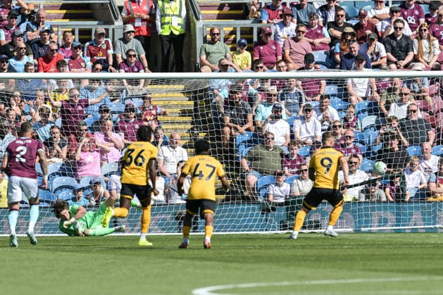 24th May 2026; Turf Moor, Burnley, Lancashire, England; Premier League Football, Burnley versus Wolverhampton Wanderers; Adam Armstrong of Wolverhampton Wanderers shoots and scores in the 4th minute from a penalty kick to go 0-1 LeexDurkin