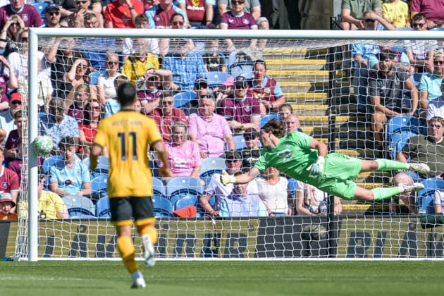 24th May 2026; Turf Moor, Burnley, Lancashire, England; Premier League Football, Burnley versus Wolverhampton Wanderers; Max Weiss of Burnley is beaten but the ball rebounds off the bar LeexDurkin