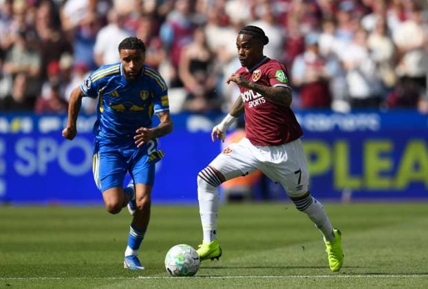 Crysencio Summerville of West Ham United in action with Jayden Bogle of Leeds United West Ham United v Leeds United, Premier League, Football, London Stadium, London, UK - 24 May 2026London London Stadium United Kingdom EDITORIAL USE ONLY No use with unauthorised audio, video, data, fixture lists, club league logos or live services. Online in-match use limited to 120 images, no video emulation. No use in betting, games or single club league player publications.  Copyright: xAlanxWalter Shutterstockx 16889881s