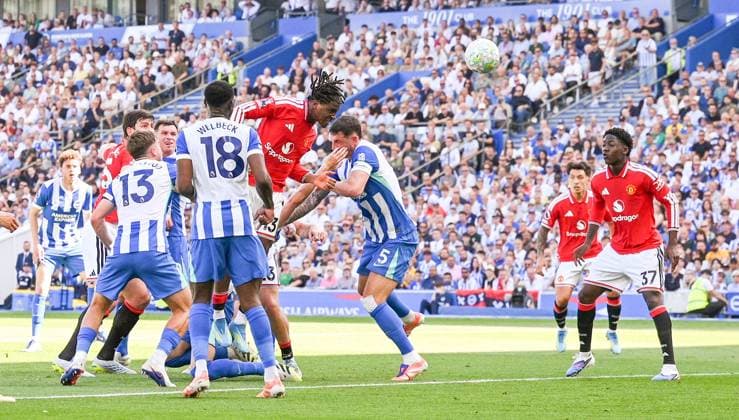 Patrick Dorgu of Manchester United, ManU heads in their first goal during the Premier League match between Brighton and Hove Albion and Manchester United at the American Express Stadium , Brighton , UK - 24th May 2026 Brighton & Hove Albion vs Manchester United Premier League Football, Amex Stadium, Sussex, United Kingdom - 24 May 2026Brighton Amex Stadium Sussex United Kingdom EDITORIAL USE ONLY No use with unauthorised audio, video, data, fixture lists, club league logos or live services. Online in-match use limited to 120 images, no video emulation. No use in betting, games or single club league player publications. . No mer  Copyright: xSimonxDack TPI Shutterstockx 16895822x