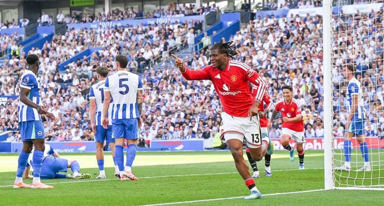 Patrick Dorgu of Manchester United, ManU celebrates after scoring the first goal during the Premier League match between Brighton and Hove Albion and Manchester United at the American Express Stadium , Brighton , UK - 24th May 2026 Brighton & Hove Albion vs Manchester United Premier League Football, Amex Stadium, Sussex, United Kingdom - 24 May 2026Brighton Amex Stadium Sussex United Kingdom EDITORIAL USE ONLY No use with unauthorised audio, video, data, fixture lists, club league logos or live services. Online in-match use limited to 120 images, no video emulation. No use in betting, games or single club league player publications. . No mer  Copyright: xSimonxDack TPI Shutterstockx 16895822z