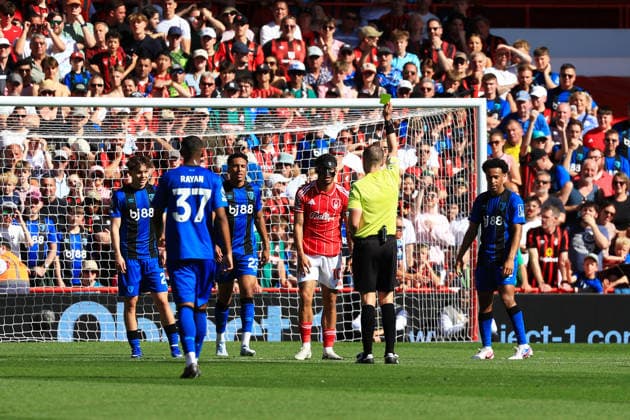 24th May 2026; The City Ground, Nottingham, England; Premier League Football, Nottingham Forest versus Bournemouth; Bournemouth concede a free kick on the edge of the box JeremyxGowersxCromie
