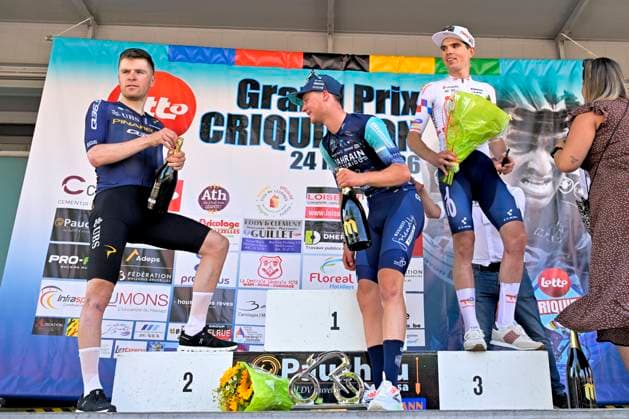 Grand Prix Criquielion 2026 Cycling Race LESSINES, BELGIUM - MAY 24 : Thierry Pierre (FRA) of TotalEnergies, Borgo Alessandro (ITA) of Bahrain Victorius, Wright Fred (GBR) of Pinarello Q36.5 Pro Cycling Team on the podium during the 58th edition of Grand Prix Criquielion an UCI Class 1.1 one day cycling road race for Men Elite of km with start in Ath and finish in Lessines on May 24, 2026 in Lessines, Belgium, 24 05 2026 Lessines Belgium  Copyright: xSesx