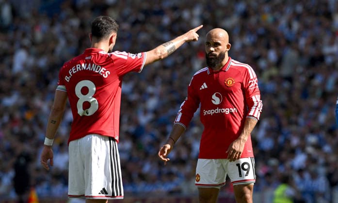 Bruno Fernandes of Manchester United, ManU with Bryan Mbeumo of Manchester United during the Premier League match between Brighton and Hove Albion and Manchester United at the American Express Stadium , Brighton , UK - 24th May 2026 Brighton & Hove Albion vs Manchester United Premier League Football, Amex Stadium, Sussex, United Kingdom - 24 May 2026Brighton Amex Stadium Sussex United Kingdom EDITORIAL USE ONLY No use with unauthorised audio, video, data, fixture lists, club league logos or live services. Online in-match use limited to 120 images, no video emulation. No use in betting, games or single club league player publications. . No mer  Copyright: xSimonxDack TPI Shutterstockx 16895822ah